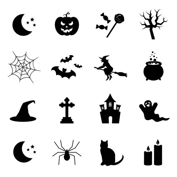 ilustraciones, imágenes clip art, dibujos animados e iconos de stock de símbolos de halloween. conjunto de iconos de vector. - calabaza gigante ilustraciones