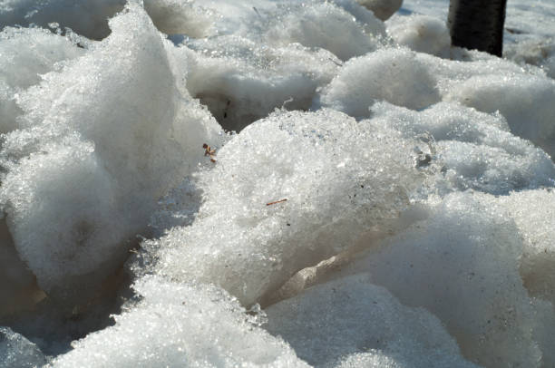 istock Texture, background, pattern. The spring snow melts. The beginning of a warm season, spring. Melting snow on the ground in the city with a mild morning sunlight. 1045294374