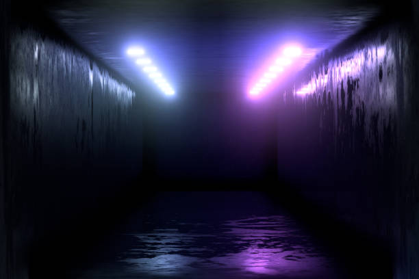 istock 3d Visualization. Geometric figure in neon light against a dark tunnel. Laser glow. 1045297512