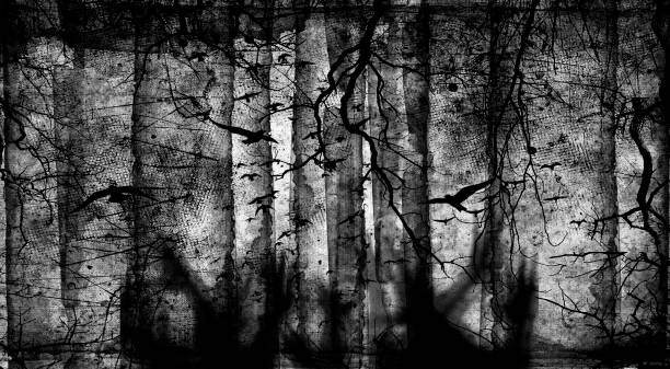 жуткий лес с летающими птицами, мертвыми деревьями, паутиной и зомби передает могилы, вечеринка хэллоуина - halloween horror death gothic style stock illustrations