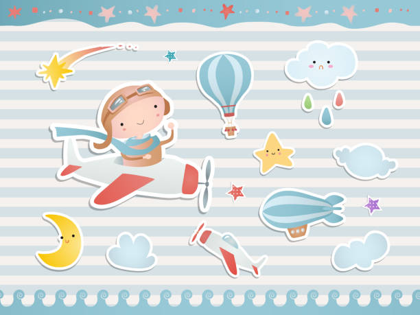 ilustraciones, imágenes clip art, dibujos animados e iconos de stock de conjunto de elementos para el diseño de la ducha del bebé con un piloto, un avión, globos. papel, scrapbook. - equipment group of objects space moon