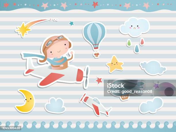 Set Of Elements For Baby Shower Design With A Pilot A Plane Balloons Paper Scrapbook Stock Illustration - Download Image Now