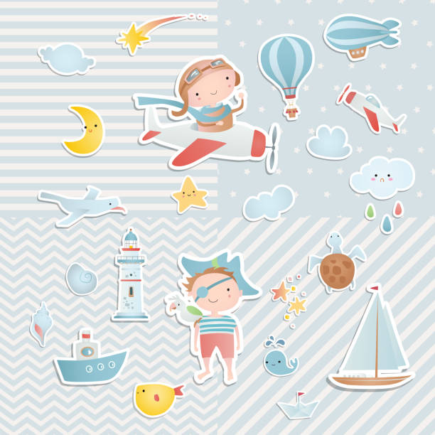 ilustrações de stock, clip art, desenhos animados e ícones de set of elements for baby shower design with a pilot and a pirate. paper, scrapbook. - bebés meninos