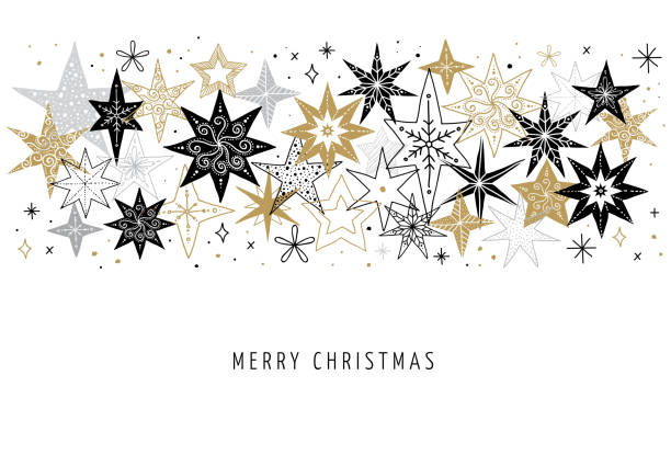 Elegant Merry Christmas background, banner and greeting card, collection of snowflakes, stars, Xmas decorations, hand drawn illustration Elegant Merry Christmas background, banner and greeting card template, collection of snowflakes, stars, Xmas decorations, hand drawn illustration modern holiday card stock illustrations