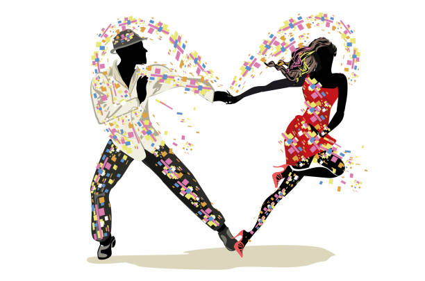 Beautiful romantic couple in passionate Latin American dances. Beautiful romantic couple in passionate Latin American dances. Salsa festival. Hand drawn poster background. reggaeton dance stock illustrations