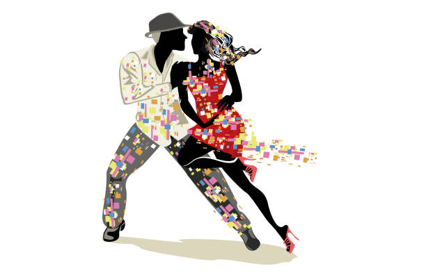 Beautiful romantic couple in passionate Latin American dances. Beautiful romantic couple in passionate Latin American dances. Salsa festival. Hand drawn poster background. reggaeton dance stock illustrations
