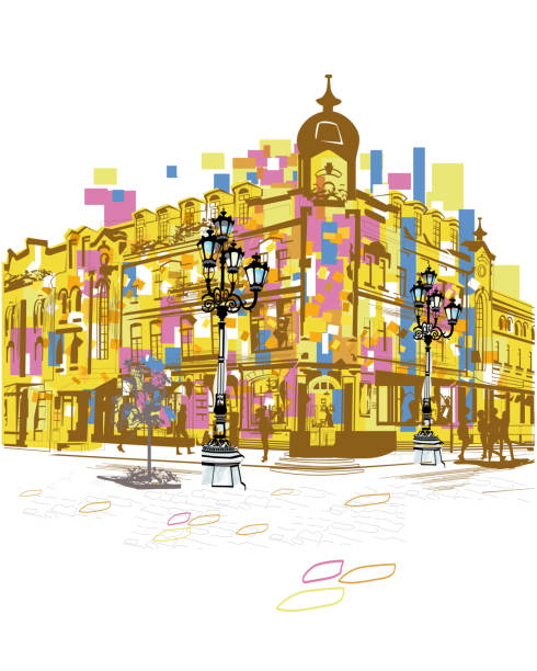 illustrations, cliparts, dessins animés et icônes de série de coloré sur la rue dans la vieille ville. - textured gold backgrounds architecture and buildings