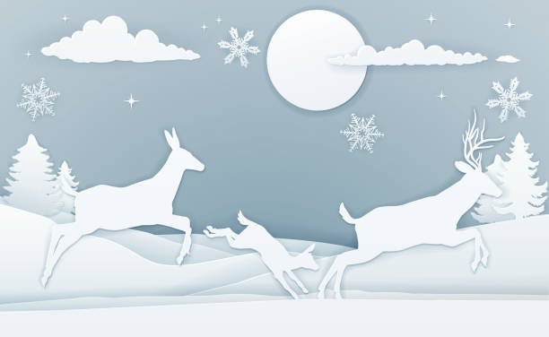 ilustraciones, imágenes clip art, dibujos animados e iconos de stock de escena de invierno ciervos papel arte - christmas tree family winter art