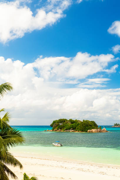 istock Small lonely island near Praslin island, Seychelles. Vertical composition 1045317592