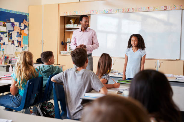 istock Schoolgirl presenting to her elementary school classmates 1045321986