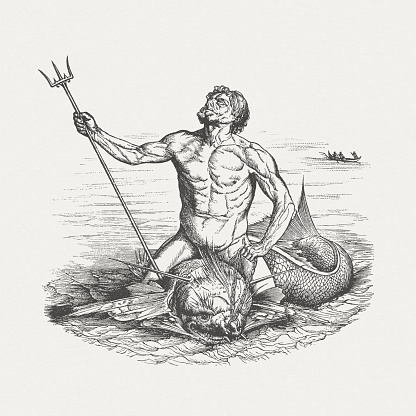 Poseidon (Neptun) - God of the sea from the Greek (Roman) mythology. Wood engraving, published in 1885.