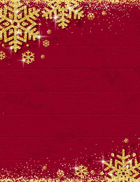 Vector illustration of Red christmas wooden background with frame of gold glittering snowflakes, vector illustration