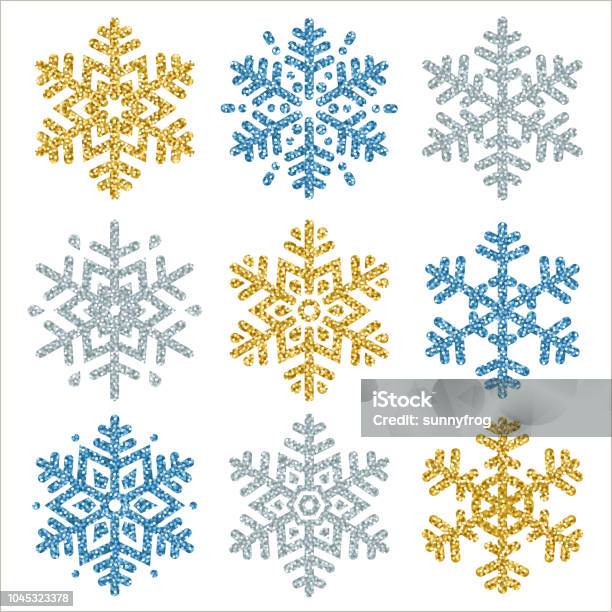 Set Di Fiocchi Di Neve Scintillanti Di Colore Su Sfondi Bianchi Illustrazione Vettoriale - Immagini vettoriali stock e altre immagini di Fiocco di neve