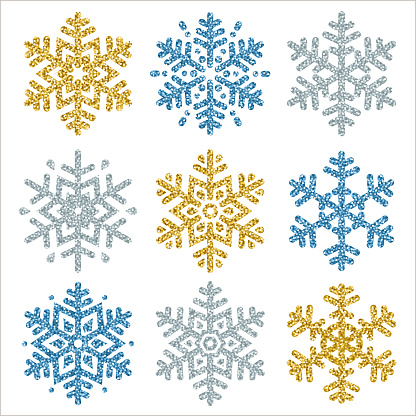 Set of color glittering snowflakes  over white backgrounds, vector illustration