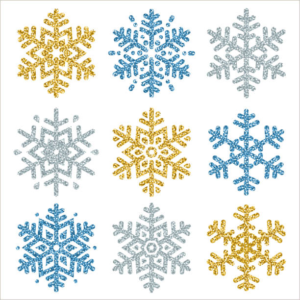Set of color glittering snowflakes  over white backgrounds, vector illustration Set of color glittering snowflakes  over white backgrounds, vector illustration snowflake shape clipart stock illustrations