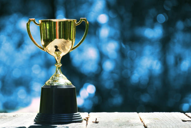 istock Trophy on wood table with blue bokeh background , win concept 1045327560