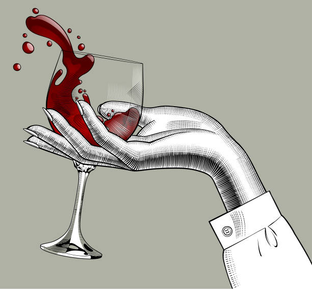 Woman's hand holding a glass with red splashed wine Woman's hand holding a glass with red splashed wine. Vintage engraving stylized drawing. Vector illustration intellectual property illustrations stock illustrations