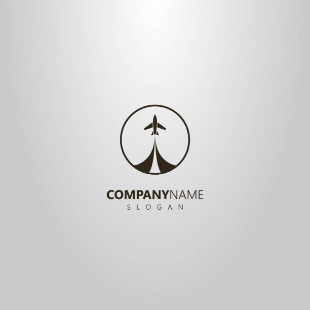 simple vector isolated logo of take-off airplane in a round frame black and white simple vector isolated logo of take-off airplane in a round frame journey borders stock illustrations