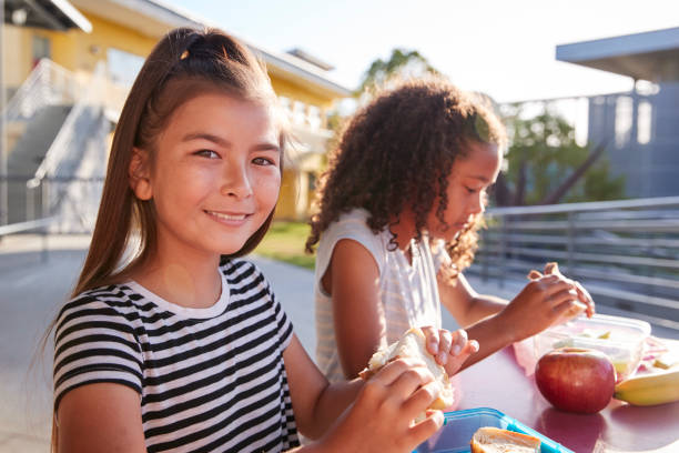 istock Girlfriends at school lunch table, one smiling to camera 1045331158