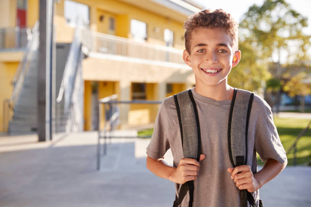 istock Portrait of smiling elementary school boy with his backpack 1045331390