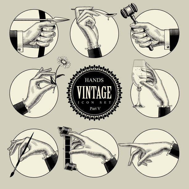 Set of round icons in vintage engraving style with hands and accessories Set of round icons in vintage engraving style with hands and accessories. Retro business icons. Vector illustration champagne illustrations stock illustrations