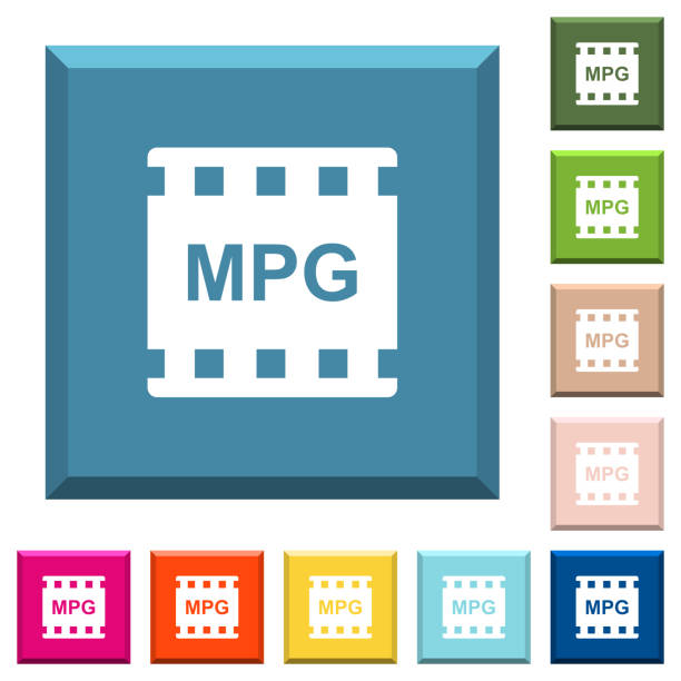 формат фильма mpg белые значки на краями квадратных кнопок - движущееся изображение stock illustrations