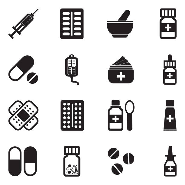 ilustraciones, imágenes clip art, dibujos animados e iconos de stock de iconos de la medicina. diseño plano negro. ilustración de vector. - healthcare and medicine medical exam capsule vitamin a