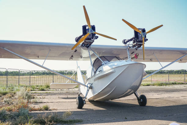 Light twin-engine amphibious aircraft at the airport