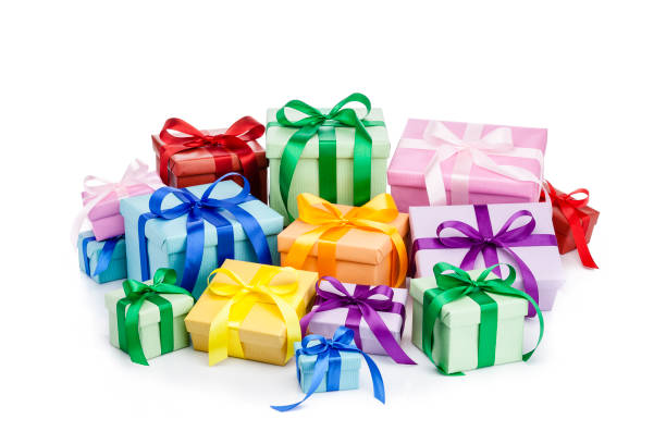 istock Large group of multi colored gift boxes heap shot on white background 1045335686