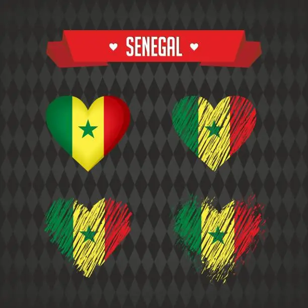 Vector illustration of Senegal. Collection of four vector hearts with flag. Heart silhouette