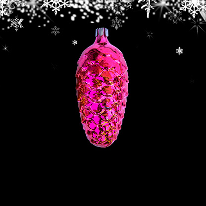 Christmas bauble decoration in vivid neon colors with white snowflakes. Concept of Merry Christmas, New Year, winter, holiday, greetings.