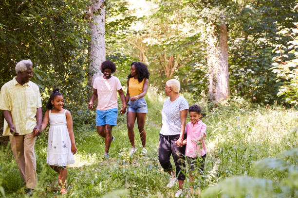istock Multi generation black family walking together in a forest 1045342678