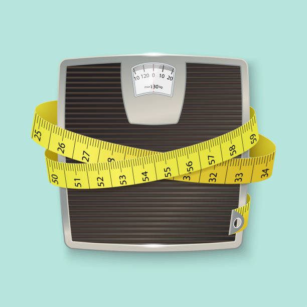 Weights and tape measure. Floor scales. Vector illustration Weights and tape measure. Floor scales. Vector illustration weight loss stock illustrations