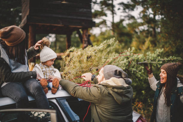 istock Family Carrying Christmas tree 1045350590