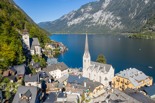 The beautiful historical small village Hallstatt. Aerial Panorama. Converted from RAW.