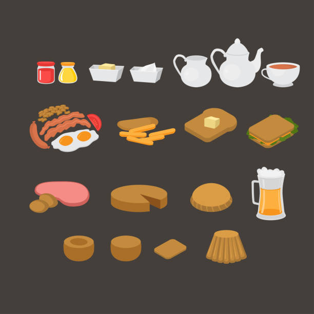 영국 카페 메뉴 요소 집합입니다. 영어 아침, 점심, 저녁 식사 소시지, 계란, becon 고 콩입니다. 고기와 샌드위치입니다. 피쉬 앤 칩스, 생 과자 그리고 푸딩입니다. 런던 티 - breakfast bacon eggs toast stock illustrations