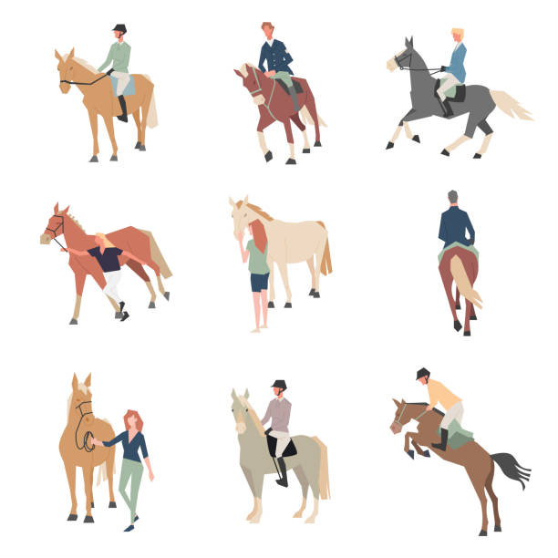 馬に乗って人々。馬のライダー。馬の品種は色フラット アイコン セットです。 - equestrian event flat racing horse racing people点のイラスト素材／クリップアート素材／マンガ素材／アイコン素材