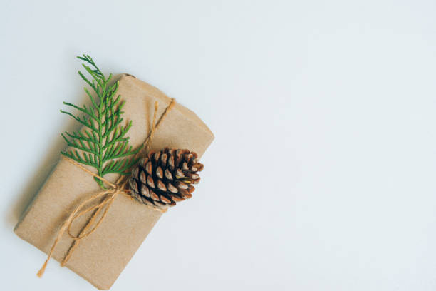 istock Small Gift Box Wrapped in Craft Paper with Juniper Twig and Pine Cone on White Background. Christmas New Years Presents Shopping Sale. Copy Space. Poster Banner Coupon 1045355840