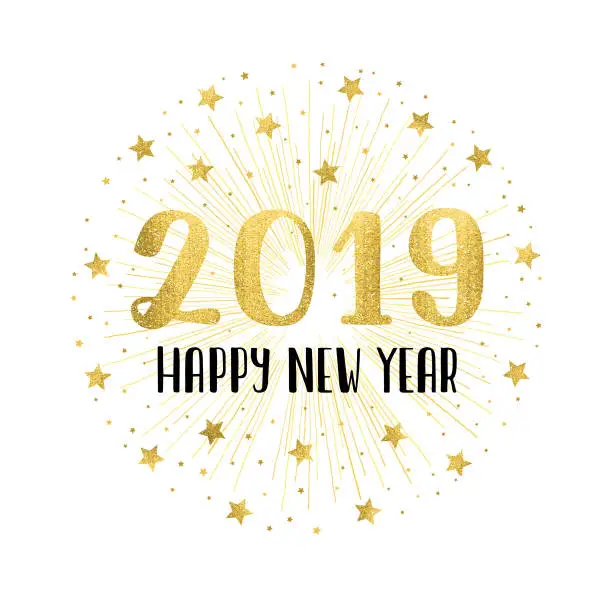 Vector illustration of Happy new year 2019 with golden fireworks