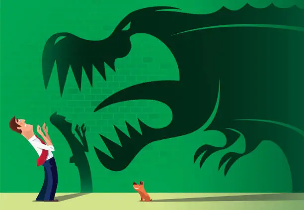 Vector illustration of man with dog and dinosaur shadow