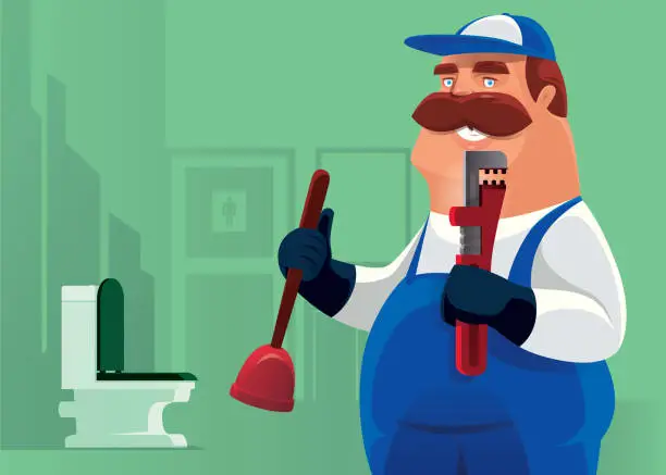 Vector illustration of plumber holding plunger and wrench