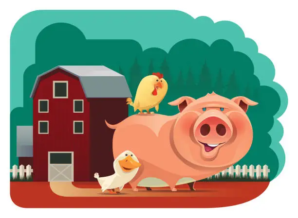 Vector illustration of piggy chicken duckling gathering