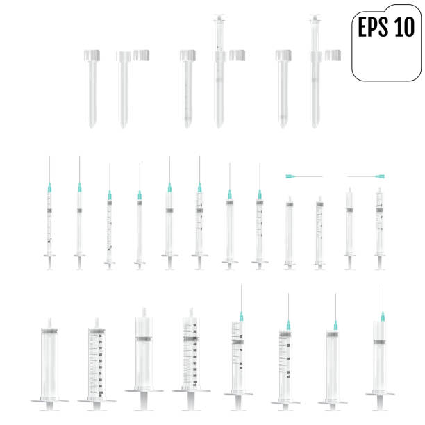istock Medical syringe illustrations set. Realistic syringe collection isolated on white background. Syringes for medical drug injection, vaccine for care and treatment. 1045360206