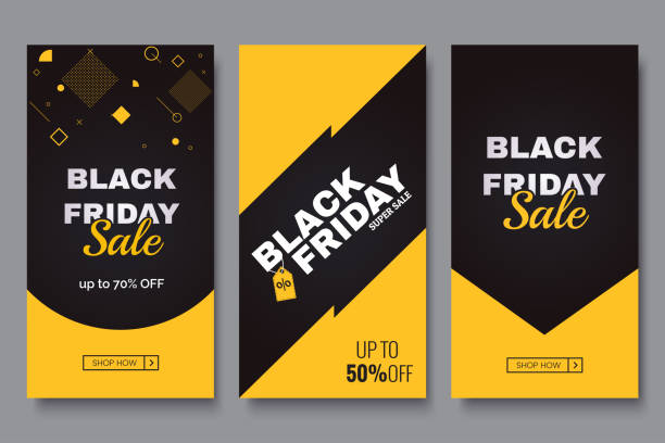 Black friday vertical promotion banner set. Sale banners design template. Yellow and black geometric background. Minimalistic discount flyers. Vector eps 10 Black friday vertical promotion banner set. Sale banners design template. Yellow and dark geometric background. Minimalistic discount flyers. Vector eps 10 black friday sale banner stock illustrations