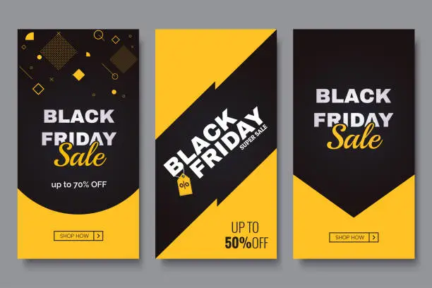 Vector illustration of Black friday vertical promotion banner set. Sale banners design template. Yellow and black geometric background. Minimalistic discount flyers. Vector eps 10