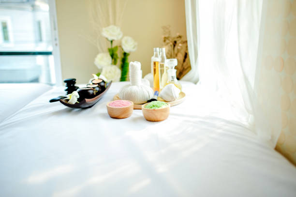 istock A beautiful spa element on a white fabric floor called a couch. Health Spa Equipment 1045364540