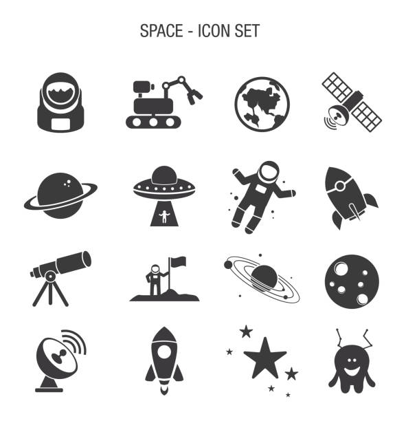 ilustraciones, imágenes clip art, dibujos animados e iconos de stock de conjunto de iconos de espacio - astronaut