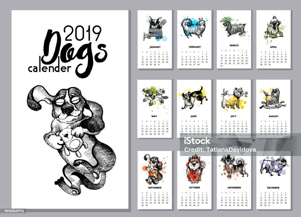 Dogs calendar 2019 funny dog calendar  Hand drawn Calendar stock vector