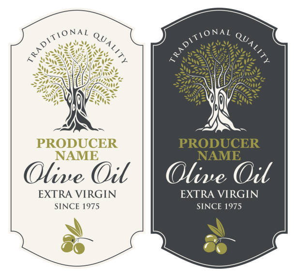 two vector labels for olive oil with an olive tree Vector set of two labels for extra virgin olive oil with handwritten calligraphic inscription, olive tree and olive sprig in figured frame in retro style. olive fruit stock illustrations