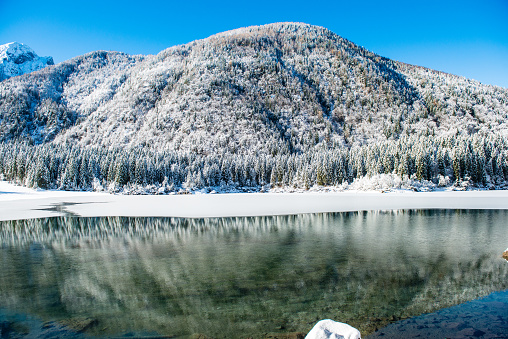 Beautiful winter in Alps, Lago di Fusine valley, Italy. Europe; outdoor photography. Nikon.